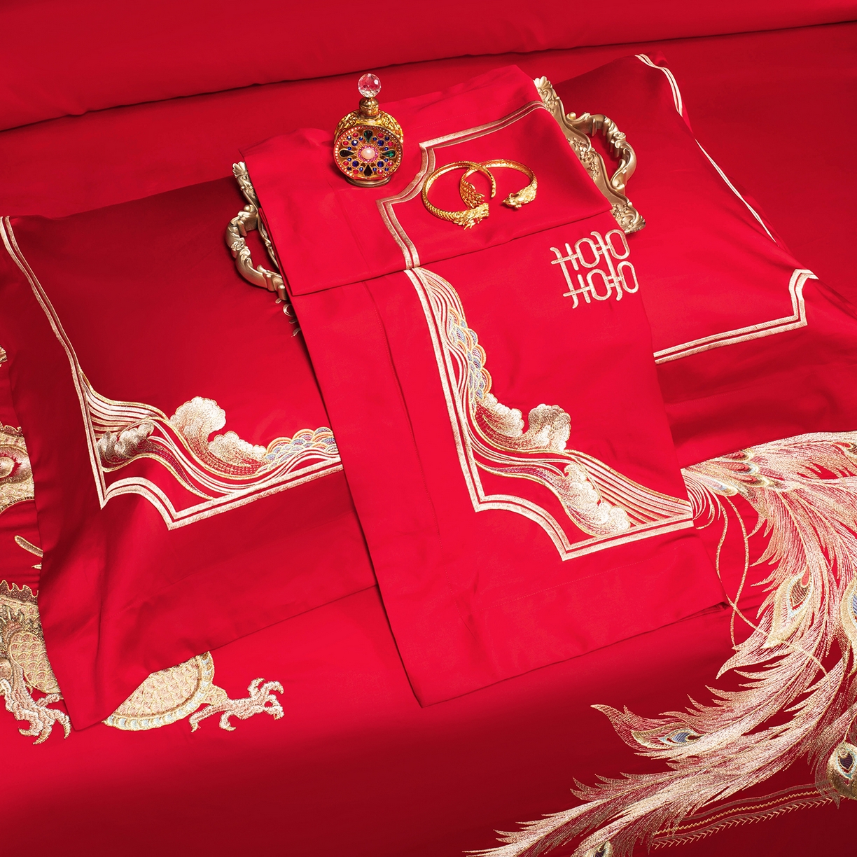 91家纺网 家纺一手货源 找家纺 柏拉图 2025新款100s贡缎长绒棉提花婚庆系列四件套多件套 龙凤爱恋