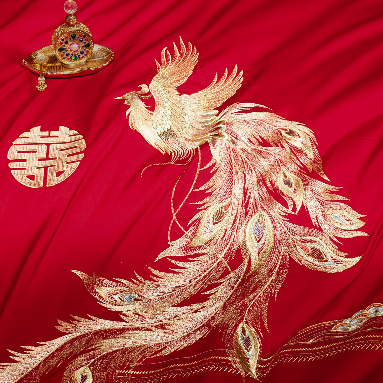 91家纺网 家纺一手货源 找家纺 柏拉图 2025新款100s贡缎长绒棉提花婚庆系列四件套多件套 龙凤爱恋