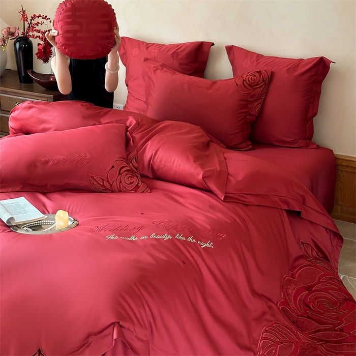 91家纺网 家纺一手货源 找家纺 宏羽纺家纺 2025新款100s全棉纯棉贡缎司马棉法式刺绣花边四件套醉红颜