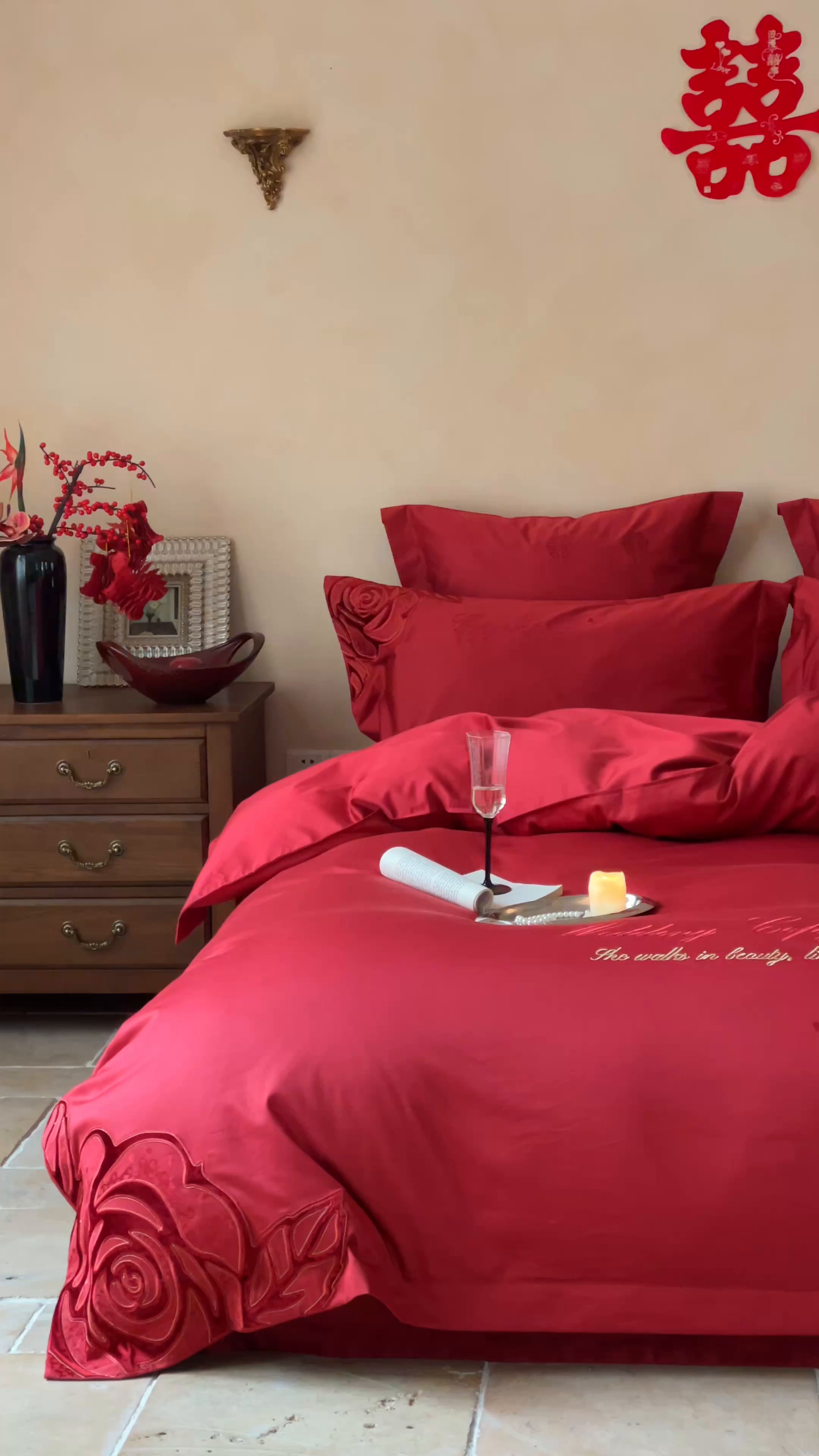 91家纺网 家纺一手货源 找家纺 宏羽纺家纺 2025新款100s全棉纯棉贡缎司马棉法式刺绣花边四件套醉红颜