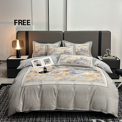 喜四方 2025新款加厚全棉大版印花四件套 千里江山-灰