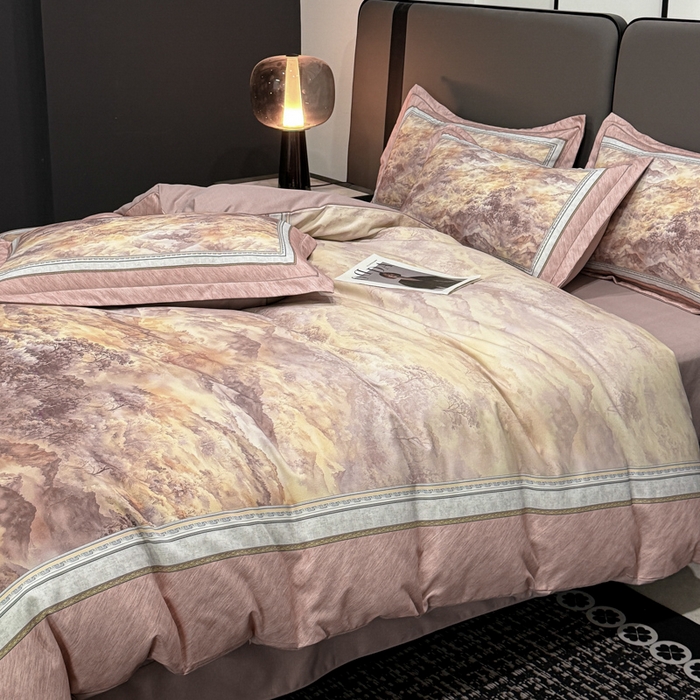 91家纺网 家纺一手货源 找家纺 喜四方 2025新款加厚全棉大版印花四件套 千里江山-豆沙