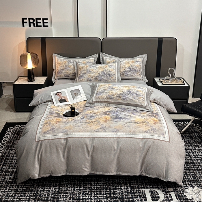 91家纺网 家纺一手货源 找家纺 喜四方 2025新款加厚全棉大版印花四件套 千里江山-灰