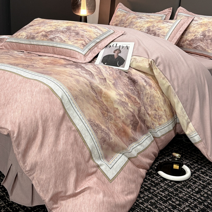 91家纺网 家纺一手货源 找家纺 喜四方 2025新款加厚全棉大版印花四件套 千里江山-豆沙