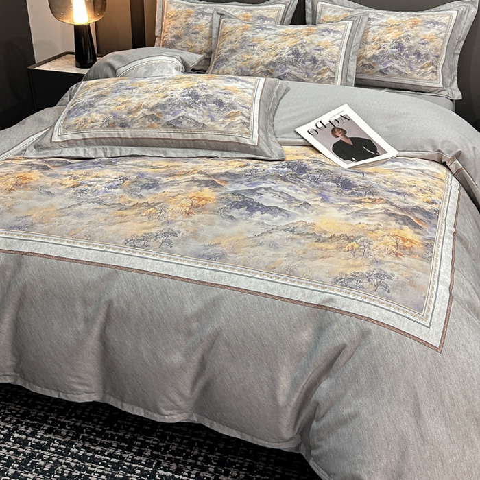 91家纺网 家纺一手货源 找家纺 喜四方 2025新款加厚全棉大版印花四件套 千里江山-灰