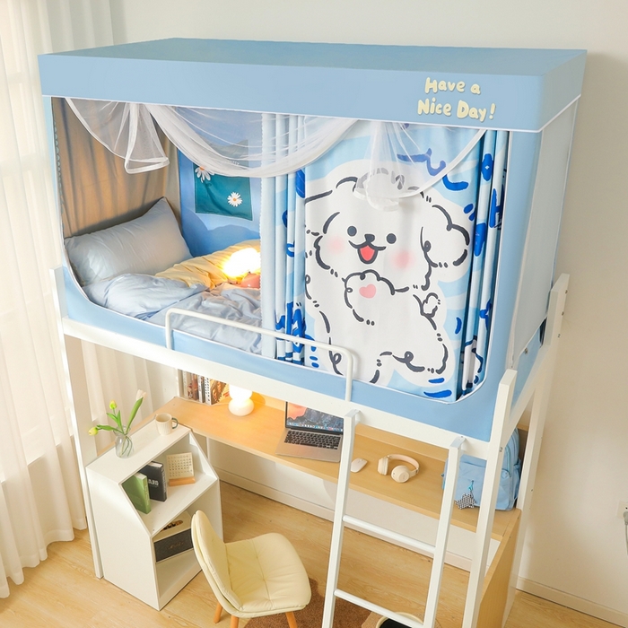 91家纺网 家纺一手货源 找家纺 卓尔居 2025新款学生遮光蚊帐 蓝色小狗