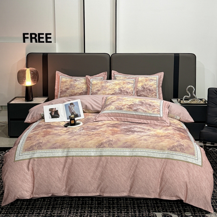 91家纺网 家纺一手货源 找家纺 喜四方 2025新款加厚全棉大版印花四件套 千里江山-豆沙