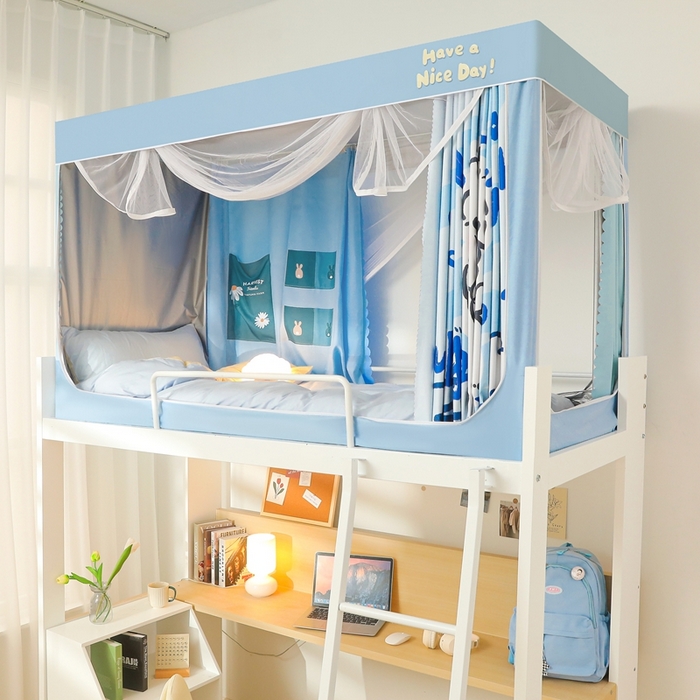 91家纺网 家纺一手货源 找家纺 卓尔居 2025新款学生遮光蚊帐 蓝色小狗