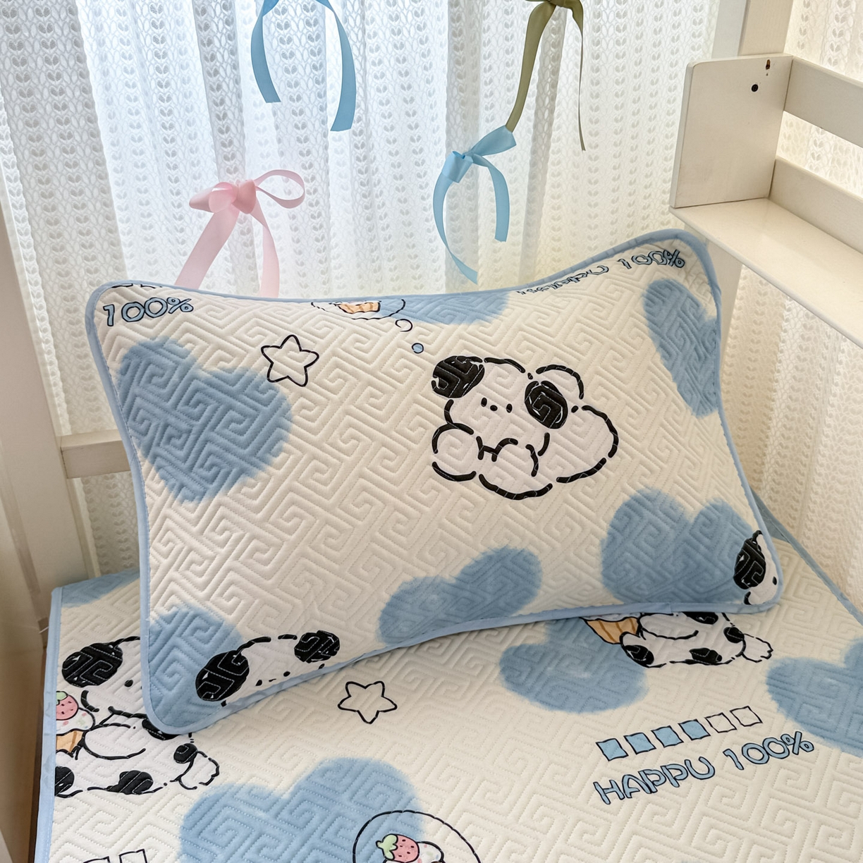 91家纺网 家纺一手货源 找家纺 简宜家居（朝初家纺） 2025新款纯棉夹棉床盖学生三件套 萌萌狗 -平铺床盖