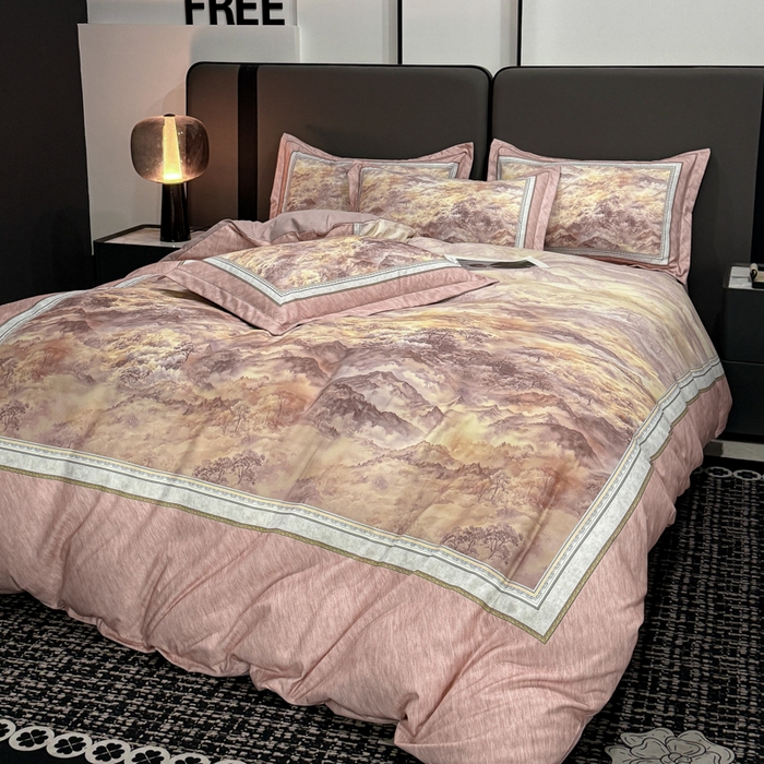 91家纺网 家纺一手货源 找家纺 喜四方 2025新款加厚全棉大版印花四件套 千里江山-豆沙