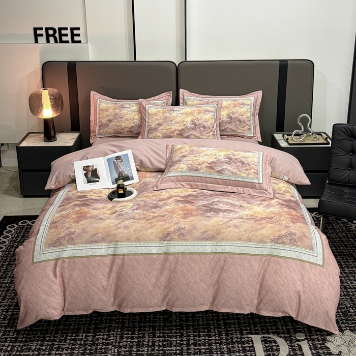 91家纺网 家纺一手货源 找家纺 喜四方 2025新款加厚全棉大版印花四件套 千里江山-豆沙