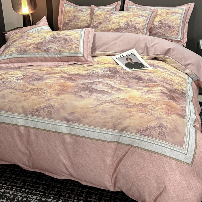 91家纺网 家纺一手货源 找家纺 喜四方 2025新款加厚全棉大版印花四件套 千里江山-豆沙