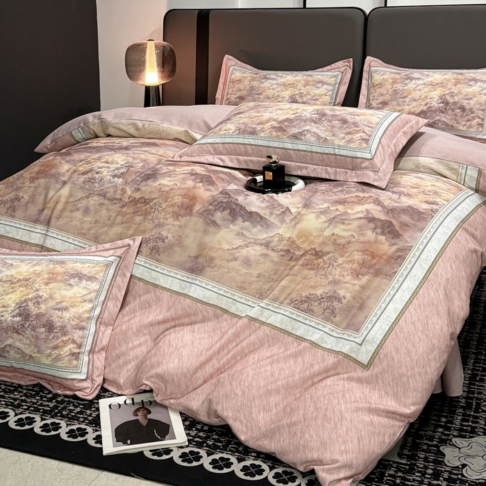 91家纺网 家纺一手货源 找家纺 喜四方 2025新款加厚全棉大版印花四件套 千里江山-豆沙