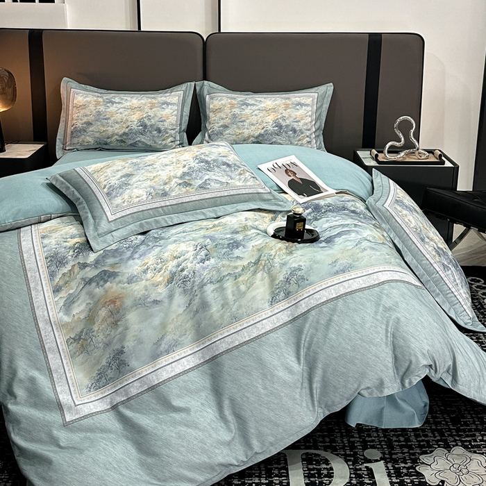 91家纺网 家纺一手货源 找家纺 喜四方 2025新款加厚全棉大版印花四件套 千里江山-蓝