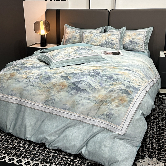 91家纺网 家纺一手货源 找家纺 喜四方 2025新款加厚全棉大版印花四件套 千里江山-蓝