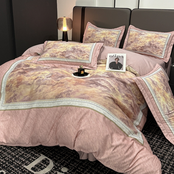 91家纺网 家纺一手货源 找家纺 喜四方 2025新款加厚全棉大版印花四件套 千里江山-豆沙