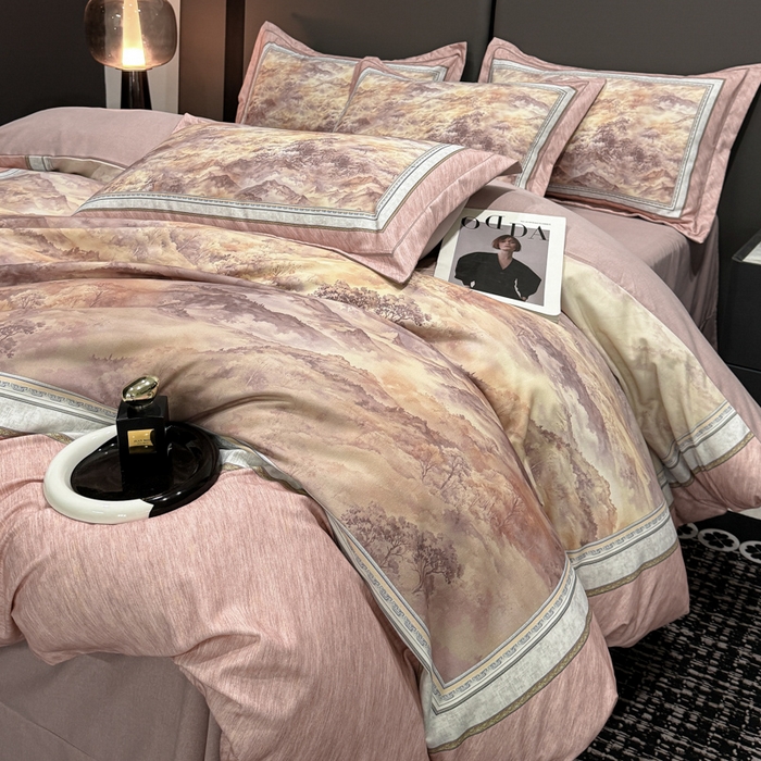 91家纺网 家纺一手货源 找家纺 喜四方 2025新款加厚全棉大版印花四件套 千里江山-豆沙