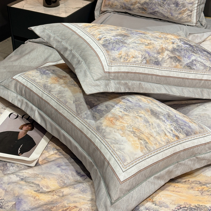 91家纺网 家纺一手货源 找家纺 喜四方 2025新款加厚全棉大版印花四件套 千里江山-灰