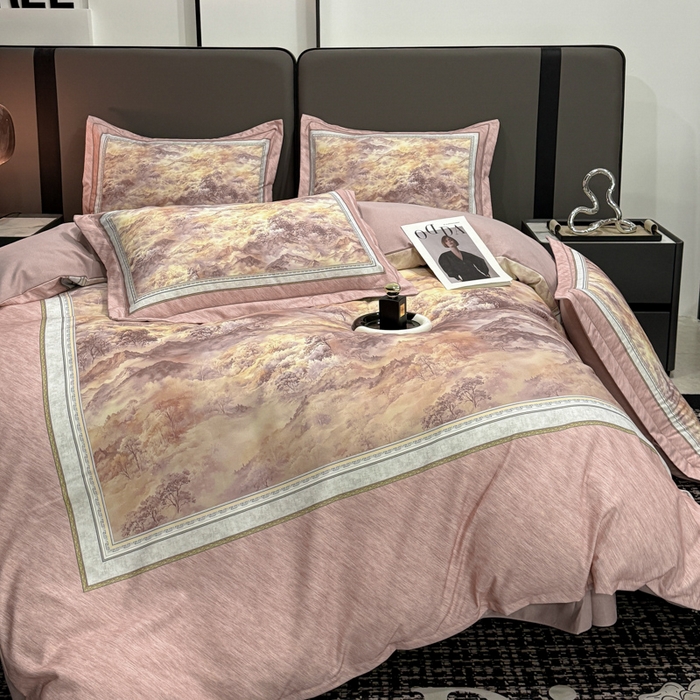 91家纺网 家纺一手货源 找家纺 喜四方 2025新款加厚全棉大版印花四件套 千里江山-豆沙