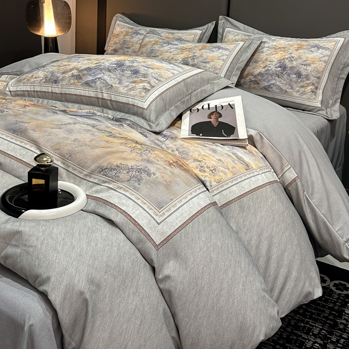 91家纺网 家纺一手货源 找家纺 喜四方 2025新款加厚全棉大版印花四件套 千里江山-灰