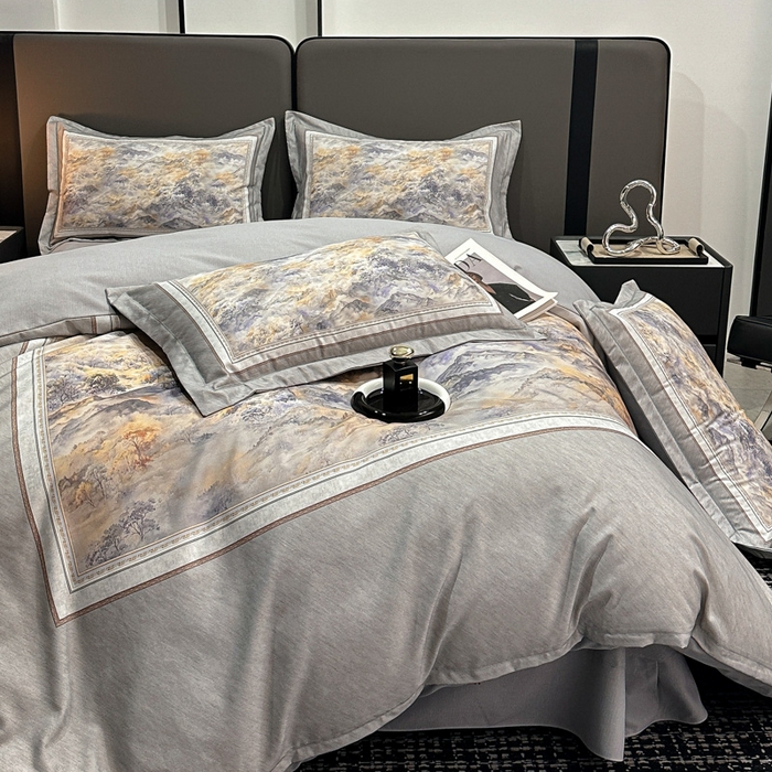 91家纺网 家纺一手货源 找家纺 喜四方 2025新款加厚全棉大版印花四件套 千里江山-灰