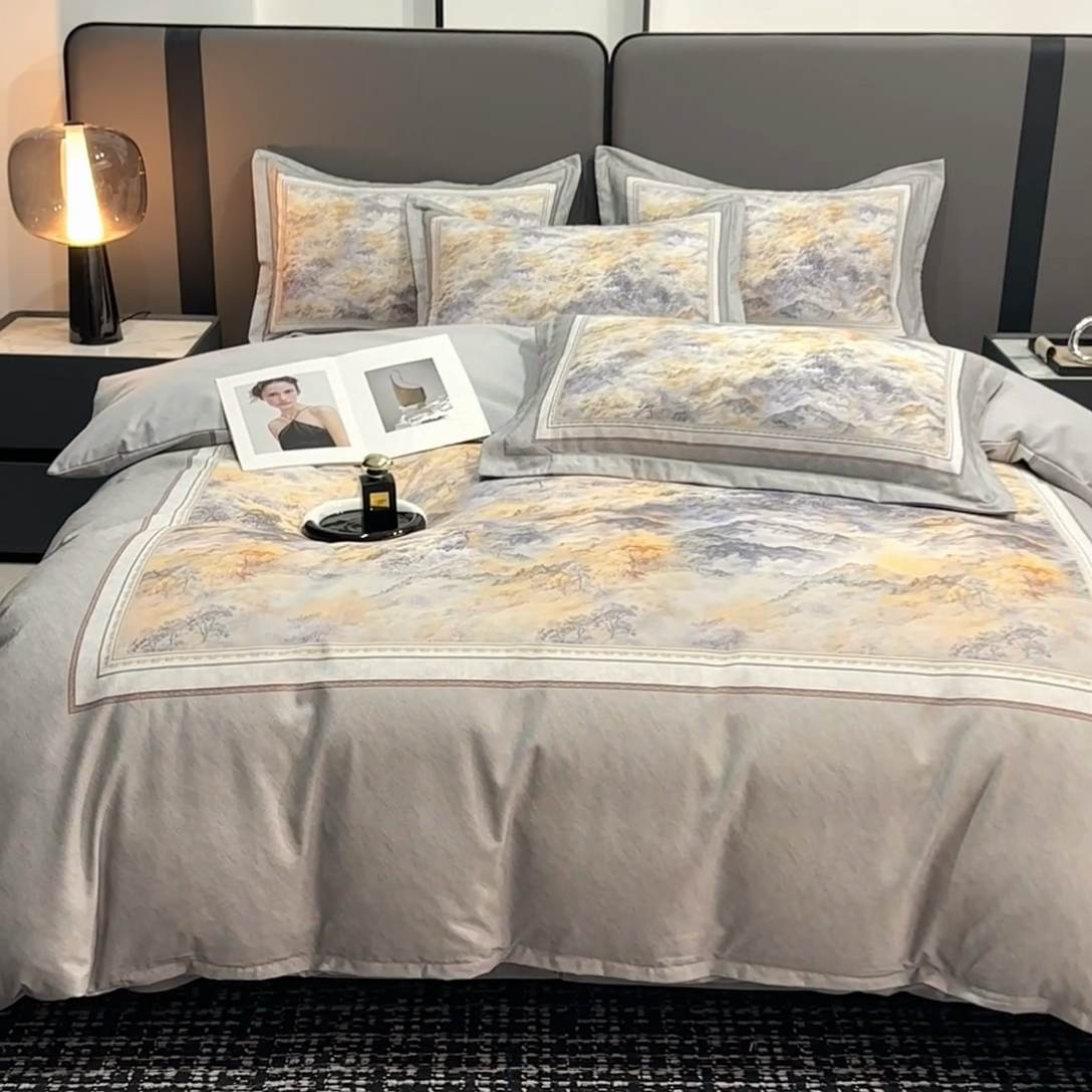 91家纺网 家纺一手货源 找家纺 喜四方 2025新款加厚全棉大版印花四件套 千里江山-灰