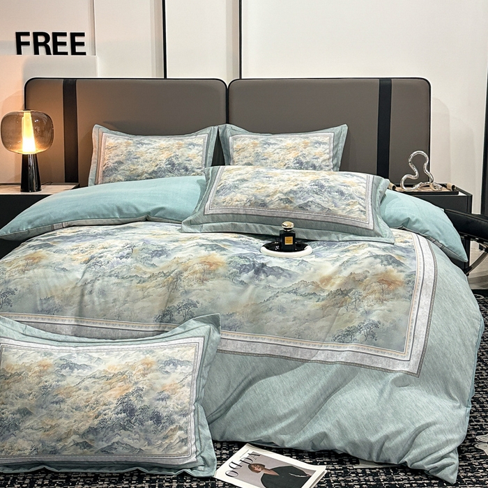 91家纺网 家纺一手货源 找家纺 喜四方 2025新款加厚全棉大版印花四件套 千里江山-蓝