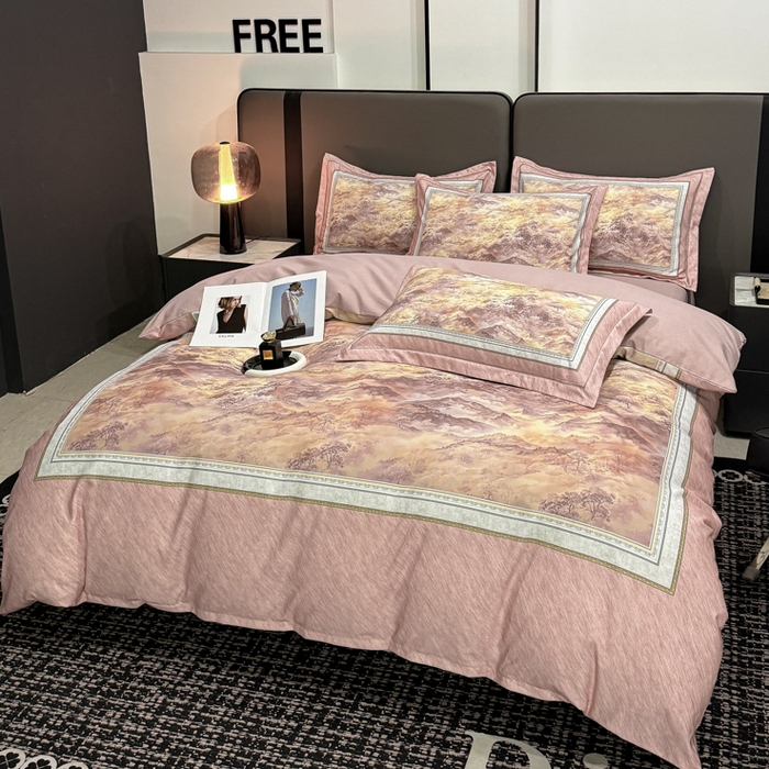 91家纺网 家纺一手货源 找家纺 喜四方 2025新款加厚全棉大版印花四件套 千里江山-豆沙