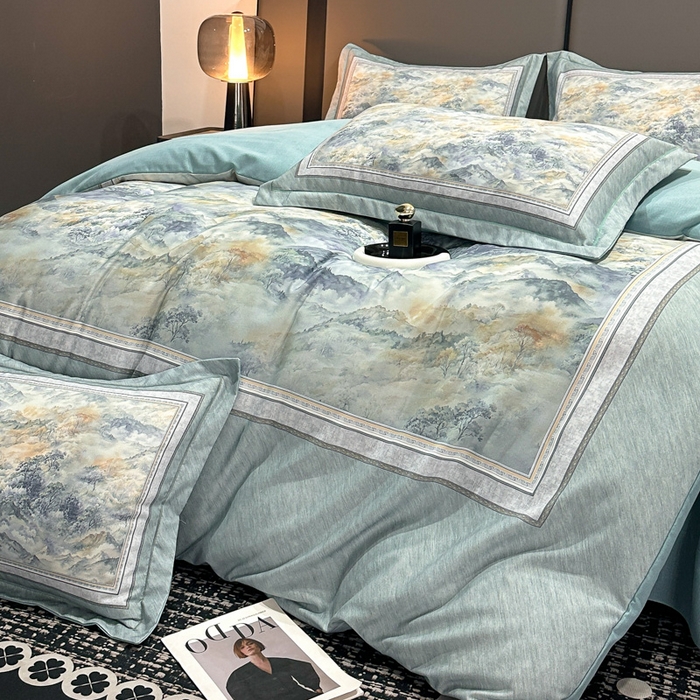 91家纺网 家纺一手货源 找家纺 喜四方 2025新款加厚全棉大版印花四件套 千里江山-蓝