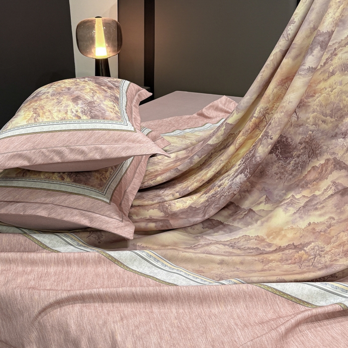 91家纺网 家纺一手货源 找家纺 喜四方 2025新款加厚全棉大版印花四件套 千里江山-豆沙