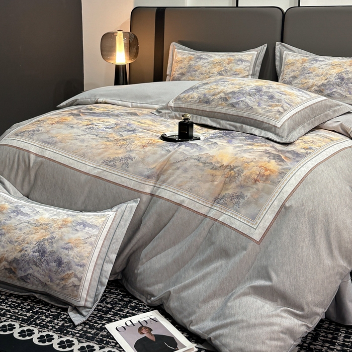 91家纺网 家纺一手货源 找家纺 喜四方 2025新款加厚全棉大版印花四件套 千里江山-灰