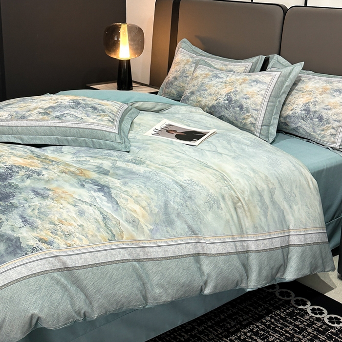 91家纺网 家纺一手货源 找家纺 喜四方 2025新款加厚全棉大版印花四件套 千里江山-蓝