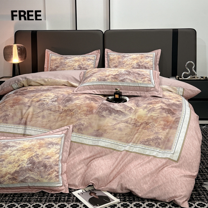 91家纺网 家纺一手货源 找家纺 喜四方 2025新款加厚全棉大版印花四件套 千里江山-豆沙