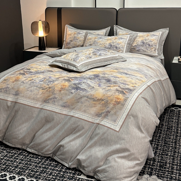 91家纺网 家纺一手货源 找家纺 喜四方 2025新款加厚全棉大版印花四件套 千里江山-灰