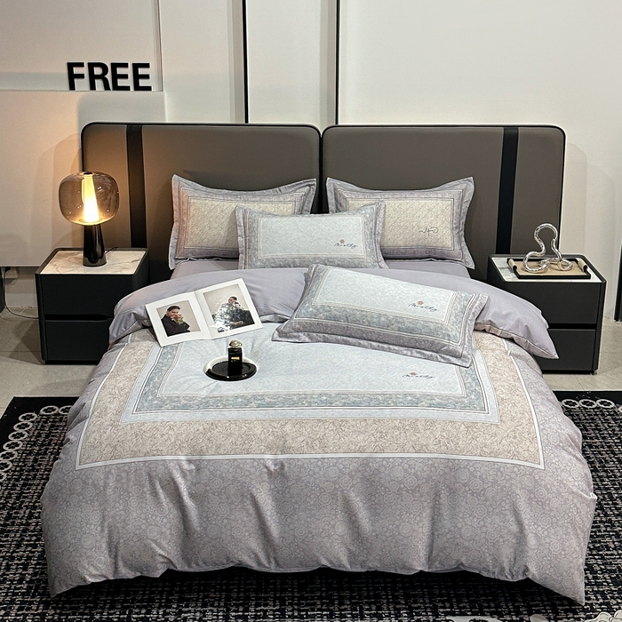 91家纺网 家纺一手货源 找家纺 喜四方 2025新款加厚全棉大版印花四件套 寻觅花香-灰