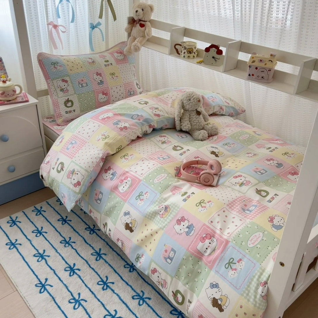 91家纺网 家纺一手货源 找家纺 简宜家居（朝初家纺） 2025新款纯棉夹棉床盖学生三件套 拼布乐园 -平铺床盖