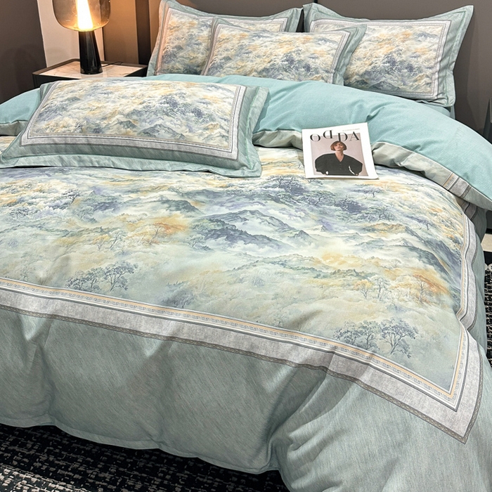 91家纺网 家纺一手货源 找家纺 喜四方 2025新款加厚全棉大版印花四件套 千里江山-蓝