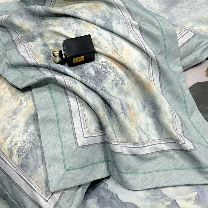 91家纺网 家纺一手货源 找家纺 喜四方 2025新款加厚全棉大版印花四件套 千里江山-蓝