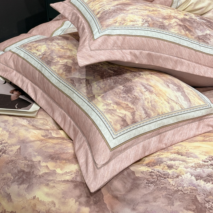 91家纺网 家纺一手货源 找家纺 喜四方 2025新款加厚全棉大版印花四件套 千里江山-豆沙