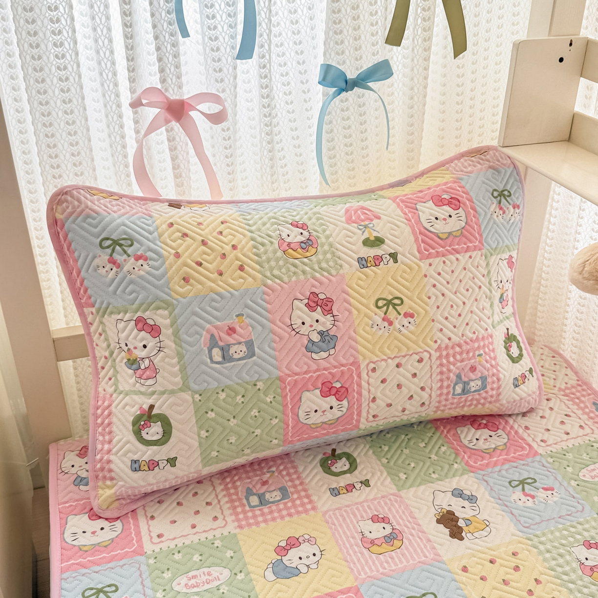 91家纺网 家纺一手货源 找家纺 简宜家居（朝初家纺） 2025新款纯棉夹棉床盖学生三件套 拼布乐园 -平铺床盖