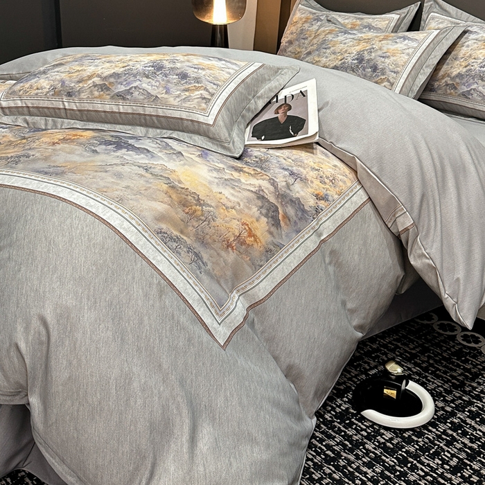 91家纺网 家纺一手货源 找家纺 喜四方 2025新款加厚全棉大版印花四件套 千里江山-灰