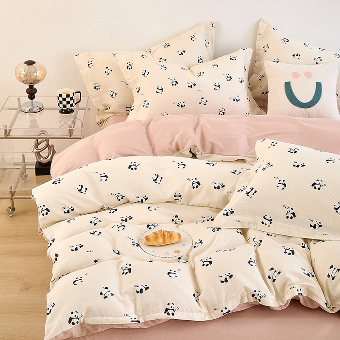 91家纺网 家纺一手货源 找家纺 2025新款全棉双层纱印花四件套（第二批）国宝熊猫