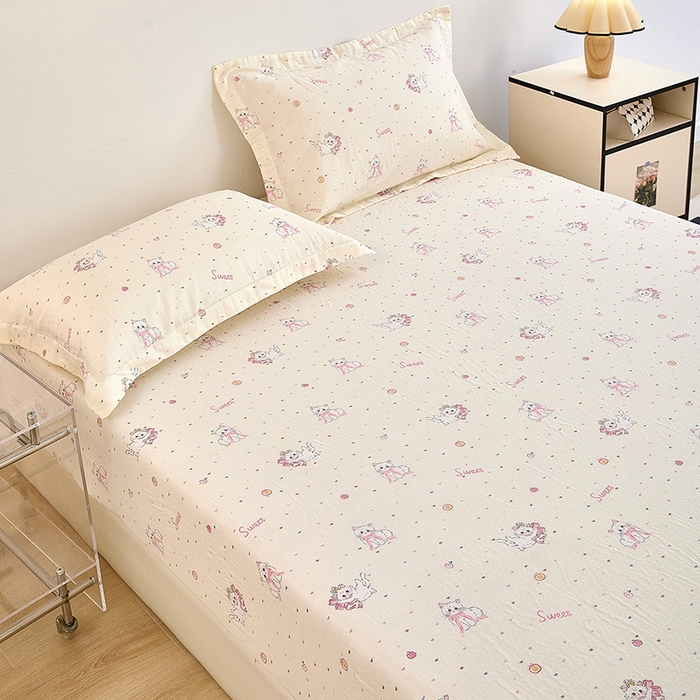 91家纺网 家纺一手货源 找家纺 锦罗绣 2025新款全棉双层纱印花系列单床笠 精灵猫咪