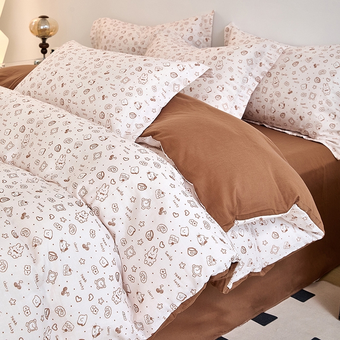 91家纺网 家纺一手货源 找家纺 2025新款全棉双层纱印花四件套（第二批）咖啡兔