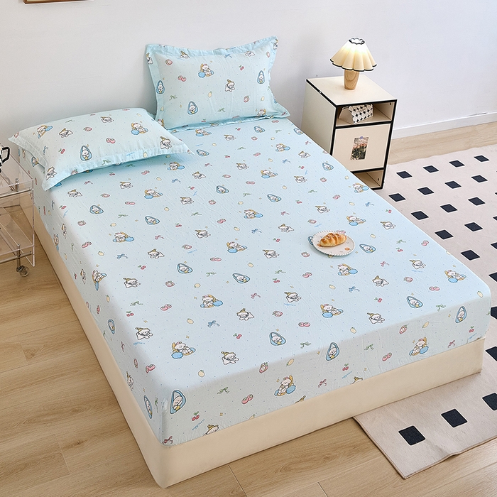 91家纺网 家纺一手货源 找家纺 锦罗绣 2025新款全棉双层纱印花系列单床笠 可爱小狗