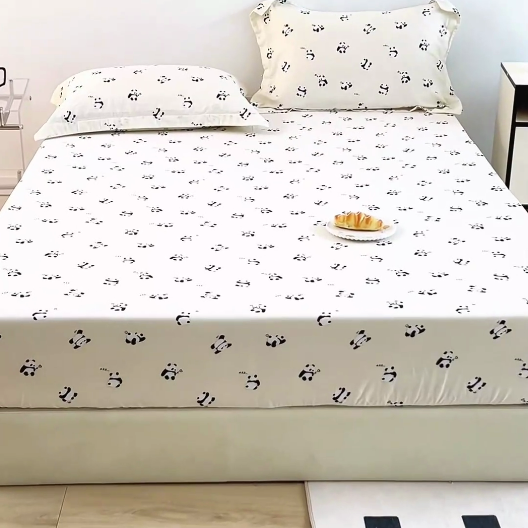 91家纺网 家纺一手货源 找家纺 锦罗绣 2025新款全棉双层纱印花系列单床笠 国宝熊猫