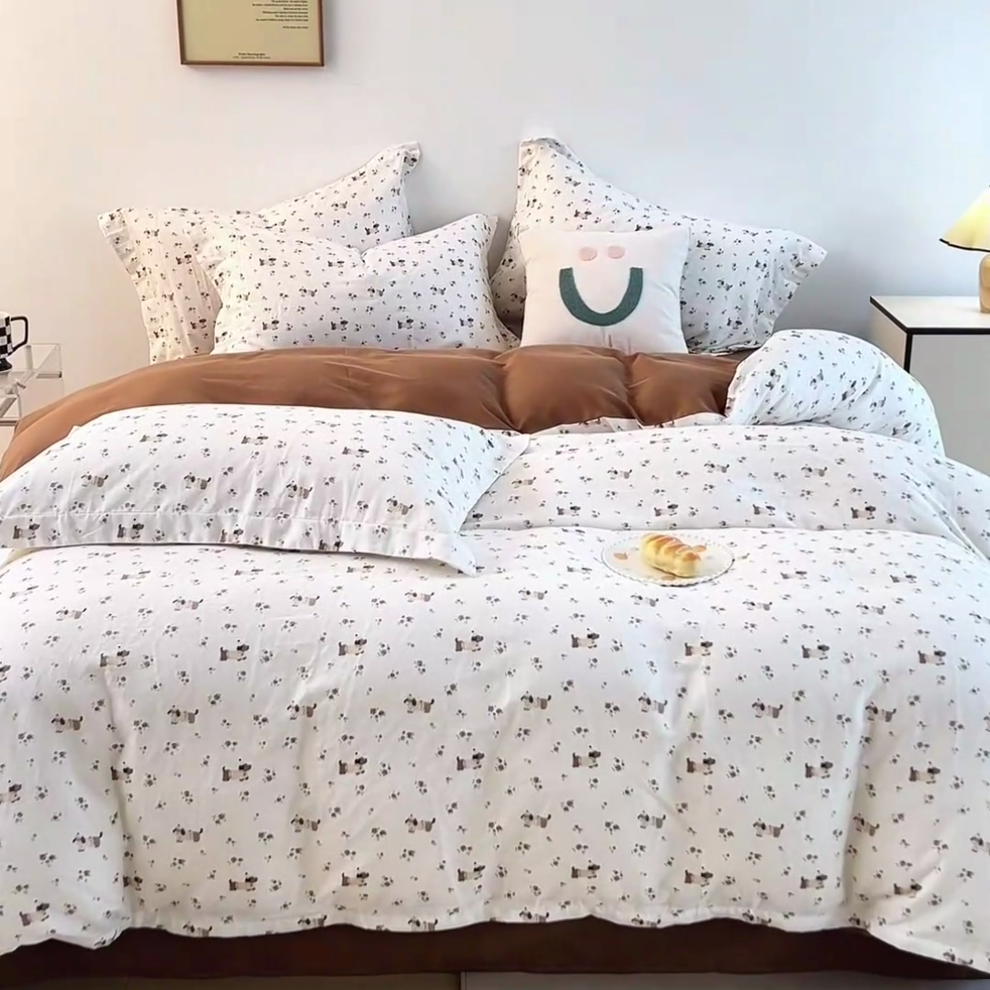 91家纺网 家纺一手货源 找家纺 2025新款全棉双层纱印花四件套（第二批）咖啡兔