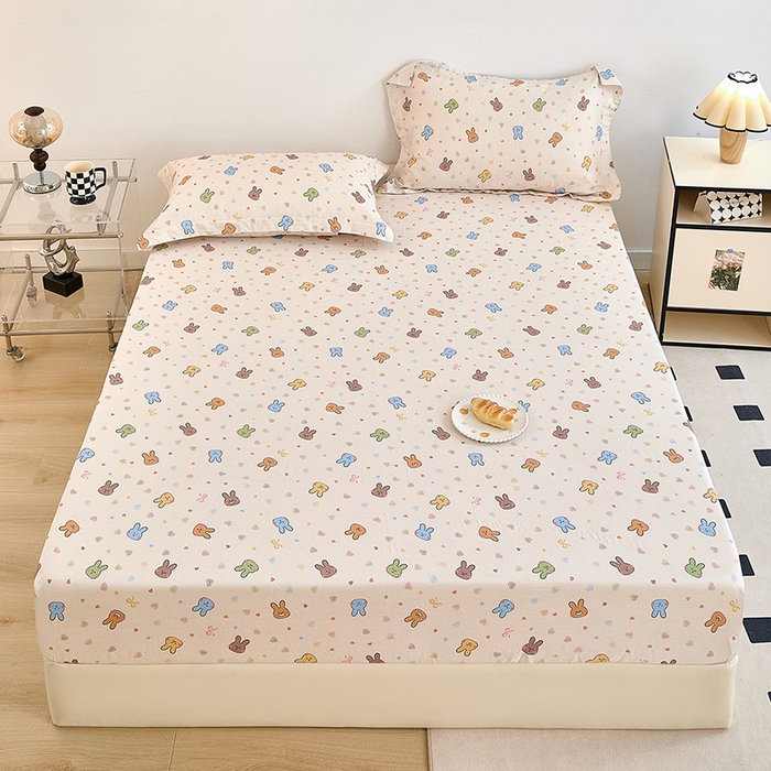 91家纺网 家纺一手货源 找家纺 锦罗绣 2025新款全棉双层纱印花系列单床笠 小兔园