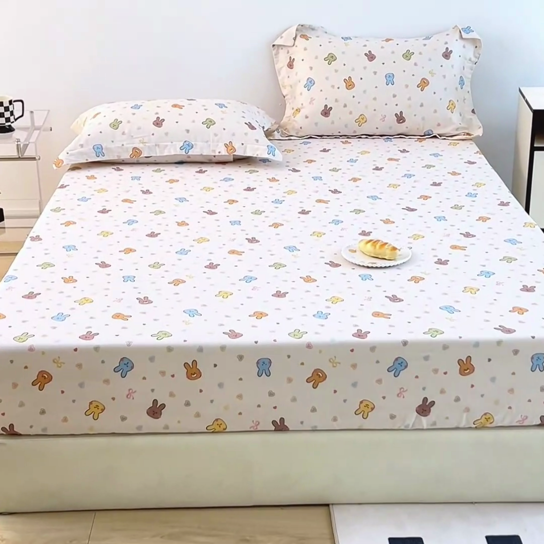 91家纺网 家纺一手货源 找家纺 锦罗绣 2025新款全棉双层纱印花系列单床笠 小兔园