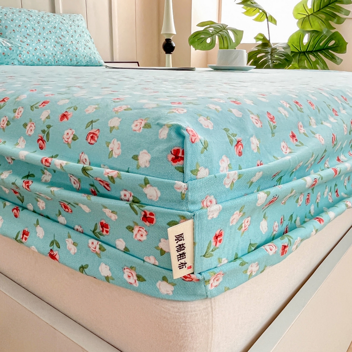 91家纺网 家纺一手货源 找家纺 首爱家纺 2025新款升级细纱原棉老粗布印花单床笠床笠单件单品床笠 春雨